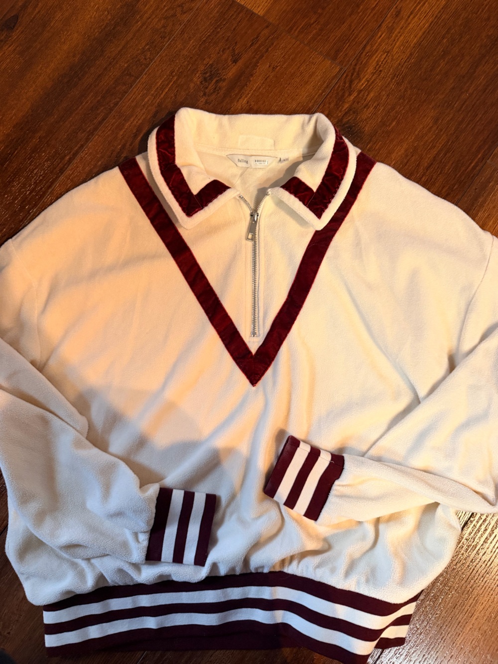 White and Burgundy Half-Zip Pullover Hoodie fleece